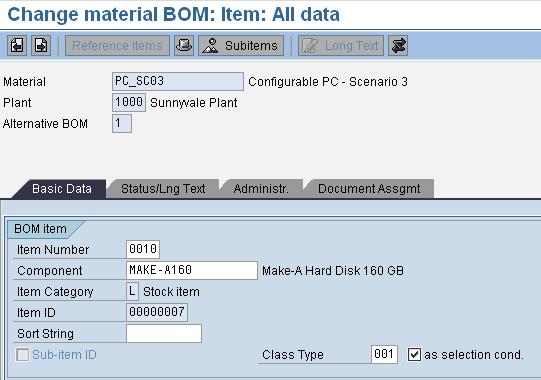 BOM with Selection Condition Create BOM in plant 1000 for Configurable material PC_SC03 using Transaction code CS01.