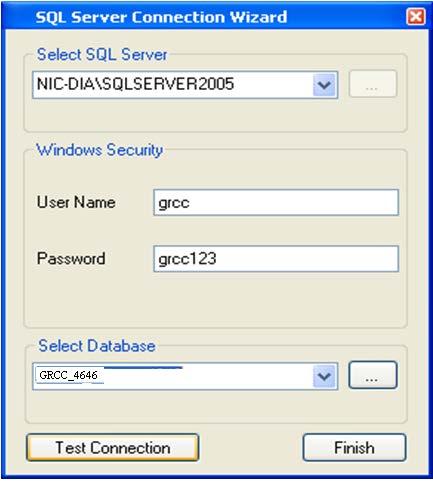 Set Connection string Select your SQL server name ( Which SQL Server hold your GRCC_AC database ) Type user : grcc Type Password : grcc123 Select