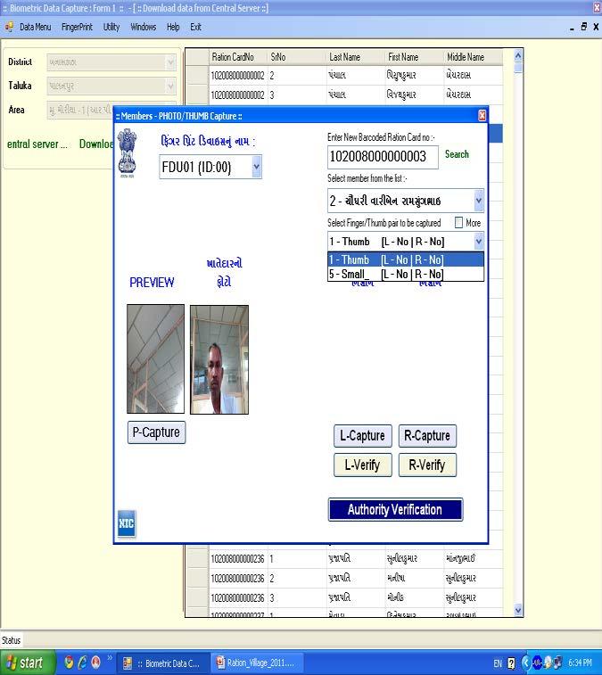 Capture Biometric Data Select finger in Select Finger/Thumb pair to be captured list For Left Capture click on L-Capture after