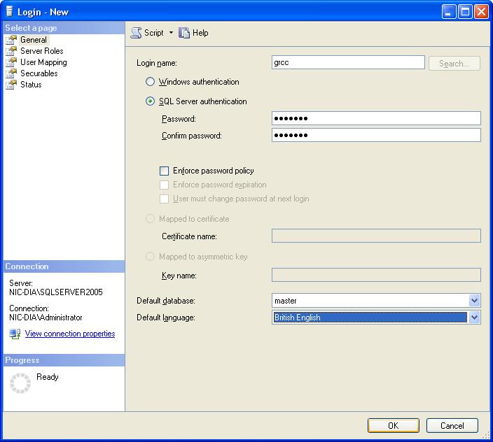 Create user Select SQL server authentication Make new login with Login name : grcc Password :