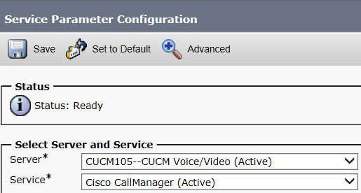 Save, Ok and (don t forget it ) Go to: System > Service Parameters Select CUCM105 then service Cisco CallManager Go down the page ton