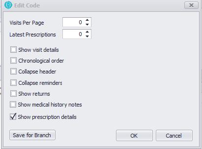 Prescription Details in the Medical History The option to view prescription details has been added to the Visit tab of the Medical History screen.