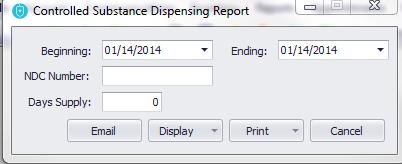 Select Run. The Controlled Substance Dispensing Report filter appears.