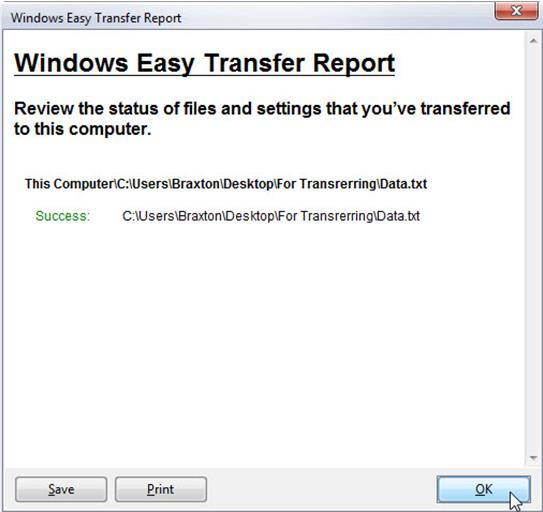 The Windows Easy Transfer Report window opens.
