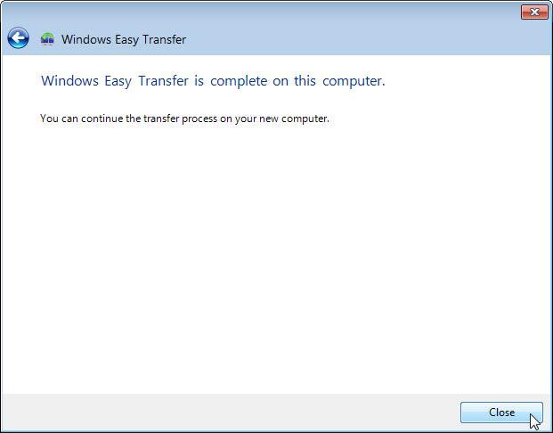 The Windows Easy Transfer is complete on this computer window