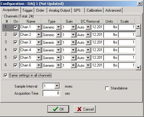 4.3.1 Device Acquisition Menu Advance Mode This menu allows the user to setup the acquisition parameters for the selected DAQLink unit. Up to 24 channels per DAQLink unit are shown.