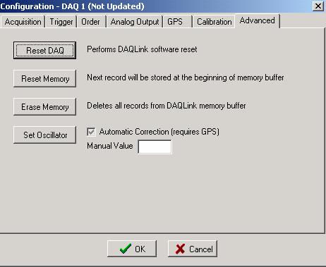 4.3.7 Device Advanced Menu The Reset DAQ button performs a reset on the DAQlink hardware. The DAQlink must have hardware version 3.03 date 12-2003 or newer and firmware version 4.