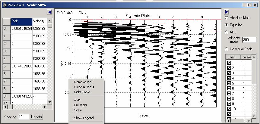 Right click on the screen and select pick table. The pick table will appear on the left side of the seismic plot.