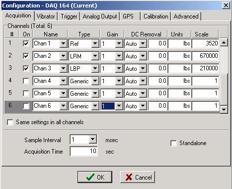 Advance Menu Display Figure 6.0.1 Vibrator QC DAQ settings The advance menus allow more flexibility in the setup, and additional information must be entered for proper operation.