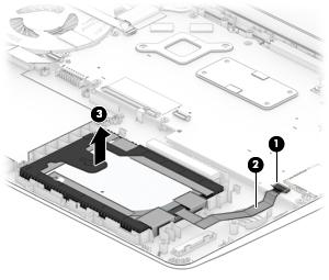 1. Release the ZIF connector (1) to which the hard drive cable is connected, and then disconnect the hard drive cable from the system board. 2.