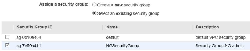 Click Next: Configure Security Group. Launch Instance Wizard Step 6: Configure Security Group From the Assign a security group list, select Select an existing security group.