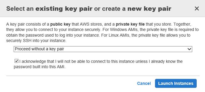 Launch Instance Wizard Step 7: Review Click Launch. In the Select an existing key pair or create a new key pair window: Select Proceed without a key pair.