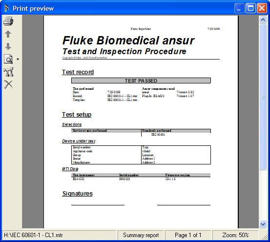 Ansur ESA620 Users Manual Figure 3-16. Print Preview of Test Report gex38.bmp 3. Print the report by clicking on the Print button ( ) in the left-hand window border.