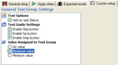Figure 4-12. Assign Maximum Value to a Test Group gbv49.bmp 3. Under Value Assigned to Test Group click Maximum value option. 4. Expand the test group and click the first safety test (Normal Condition), then click the Apply When tab.