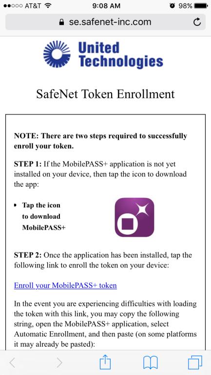 Tap the link to go to the SafeNet enrollment web page. Step 2: SafeNet Token Enrollment web page a.