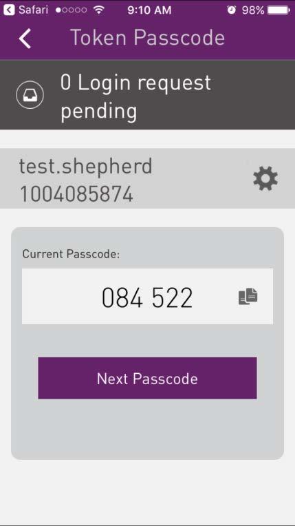 At the MobilePASS+ screen, tap the token name to generate a token passcode. NOTE: the MobilePASS+ app allows multiple software tokens to be installed, however, the UTC policy is one token per user.