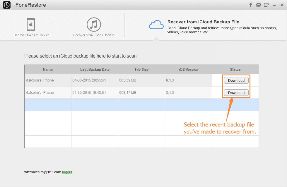 2 Download and Scan Your icloud Backup When you are logged in, ifonerestore can find all