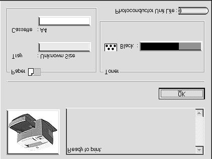 For Windows Users 3 Printer image: Text box: OK button: Paper: Toner: Photoconductor Unit Life: The image at the upper left shows the printer status graphically.