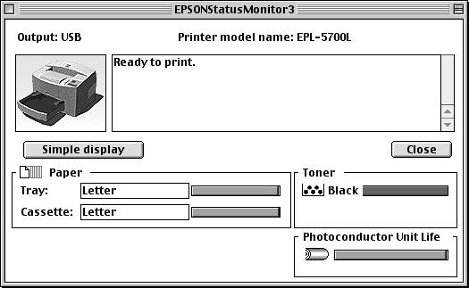 For Macintosh Users Printer image: Text box: Close button: Simple display Paper: Toner: The image at the upper left shows the printer status graphically.