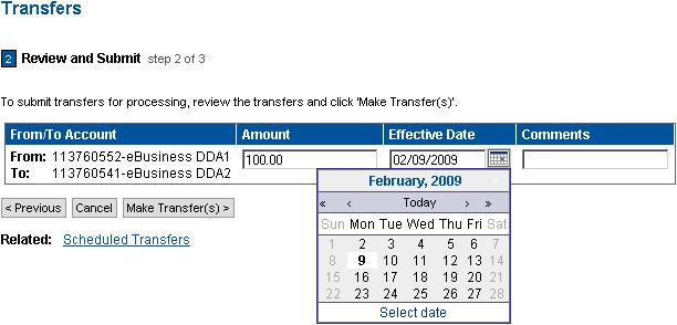 Along the top of the screen, there are three menu options for this module: Make Transfers, Scheduled Items, and Transfer History. First, we ll look at the Make Transfers option.
