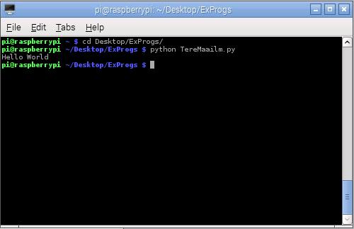 Joonis 28. Linuxi terminalis asukoha vahetamine ja Pythoni programmi käivitamine. Eespool esitatud kood print ("Hello World") oli näide selle kohta, kuidas väljastada teksti ekraanile.