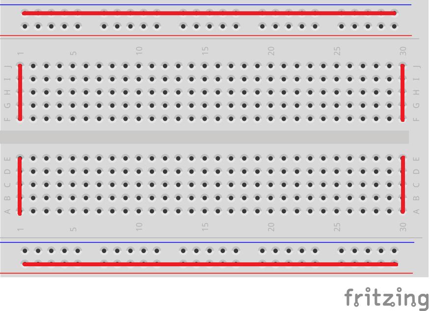 Joonis 31. Makettlaua ühendatud augud märgitud punasega. Juhtmed, diood ja takisti tuleb makettlaua ning Raspberry külge ühendada järgmiselt: (Joonis 32) LED pirn makettlauale 1.