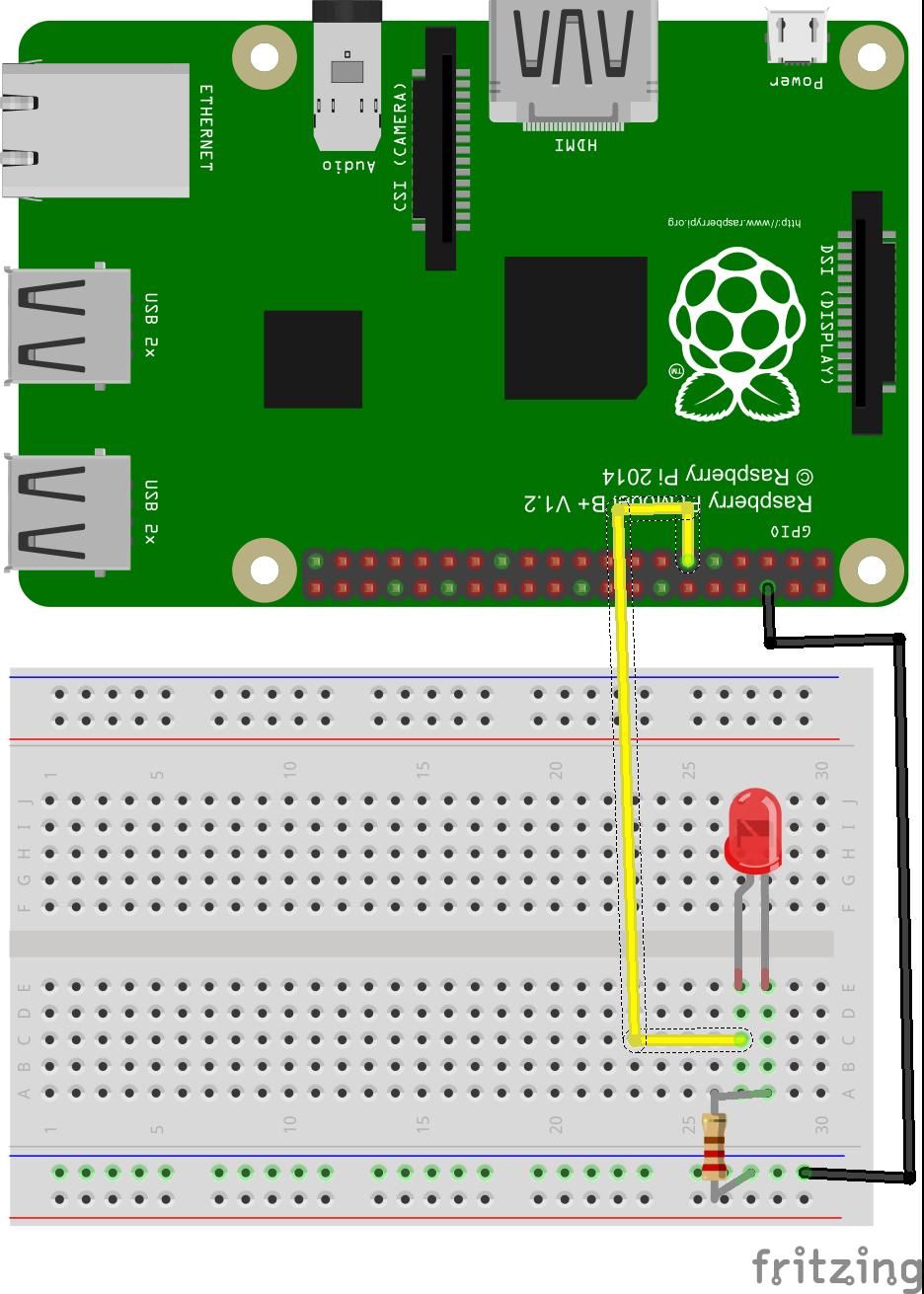 Joonis 32. Raspberry ja LED pirni vahelise ühenduse visualisatsioon. Pärast komponentide ühendamist tuleb Raspberry IDLE aknasse kirjutada kood import RPi.GPIO as GPIO import time GPIO.setmode(GPIO.