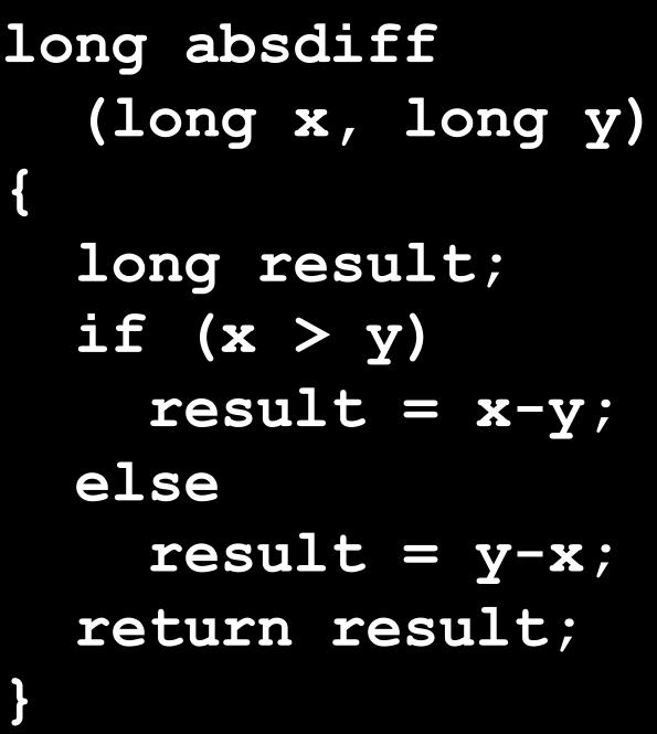 Conditional Branch Example long absdiff (long x, long y) { long result; if (x > y) result = x-y; else result = y-x; return result; Register Use(s) %rdi Argument