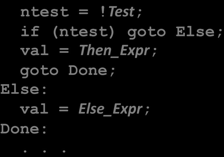 Conditional Expressions An expression operator in C ( Test? Then_Expr : Else_Expr ) Example val = x>y? x-y : y-x; Transla4on, using goto code: ntest =!