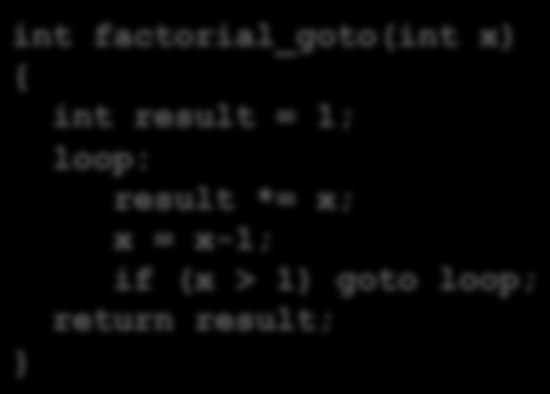 return result; int factorial_goto(int x) { int
