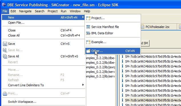 4.3.1 Creation of simple project To create a simple project, from the Eclipse toolbar menu the user has to select File -> New -> Other, as showed in Figure 4: Open Wizard.