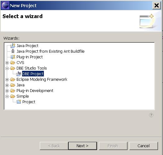 Figure 5: New Project The user has to expand the folder DBE Studio Tools and select DBE Project, click on Next, then insert the project name.