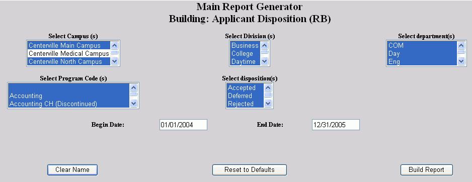 Figure 39 Applicant Disposition Report Prompt 2. In Figure 39 make your choices, then click the Build Report button.