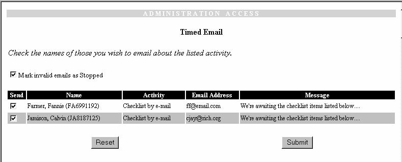 Figure 46 Timed E-Mail with Checklist 5. If it s e-mail you get a list like Figure 46. Make sure there a checkmarks by the names you want to receive this note then click Submit.
