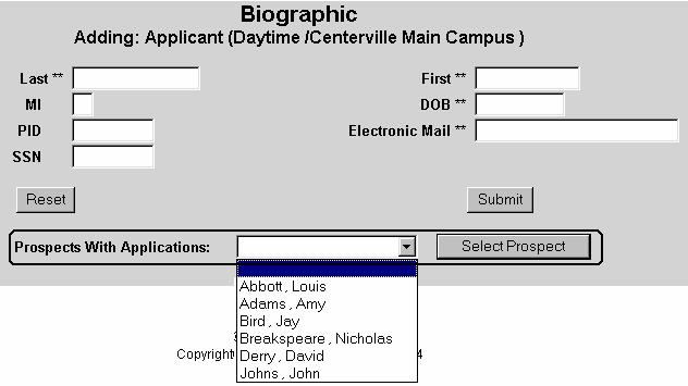 Figure 66 Add Applicant Status Step 1 4. Click the pulldown by Prospects With Applications to get a list of those eligible for the new status.