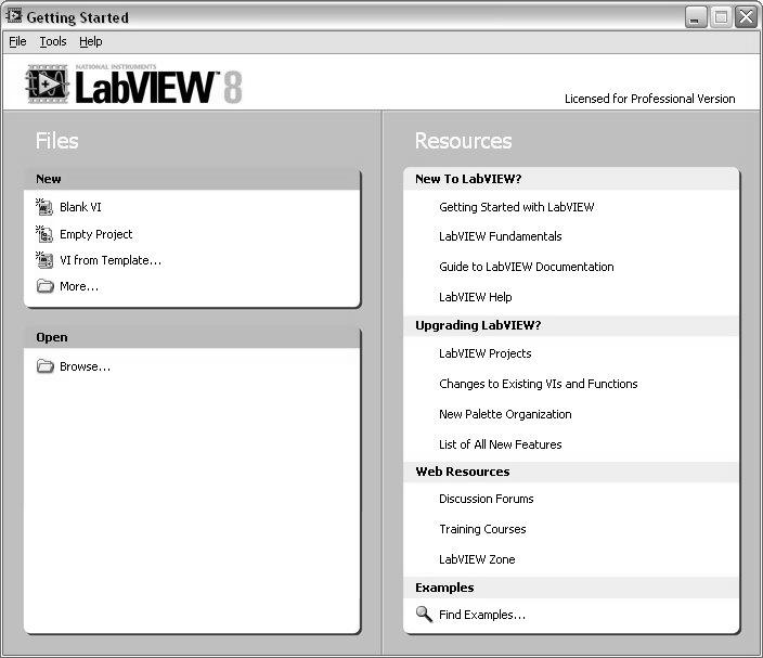 Open and Run LabVIEW Start»All Programs»National Instruments LabVIEW Startup Screen: Start from a Blank VI: New»Blank VI or» Start from an Example: Examples»Find Examples LabVIEW LabVIEW is a