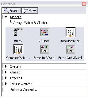 Creating an Array (Step 1 of 2) From the Controls»Modern»Array, Matrix, and Cluster subpalette, select the Array icon. Drop it on the Front Panel.