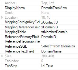 Page 216 Data Entry Screens Now, all data can be specified on the Properties tab of the TreeView control. For the ReferenceSQL property, enter a simple SELECT statement on the tdomains table.
