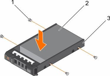 Figure 38. Installing a hot swappable hard drive into a hot swappable hard drive carrier 1. screw (4) 2. hard drive 3. hard drive carrier Removing a 1.
