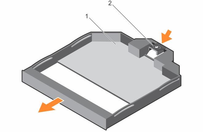 Steps 1. Locate the touch point for the slim optical drive blank lock inside the system. 2. Press the lock and pull the slim optical drive blank out of the chassis. Figure 43.