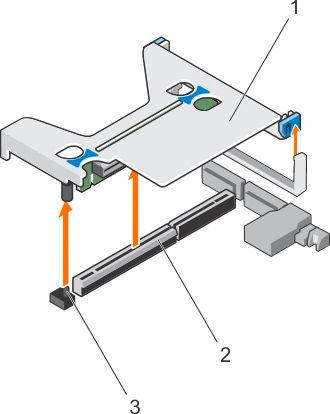 Figure 49. Removing the expansion card riser 1 1. expansion card riser 1 2. connector 3. riser guide pin Figure 50. Removing the expansion card riser 3 1.
