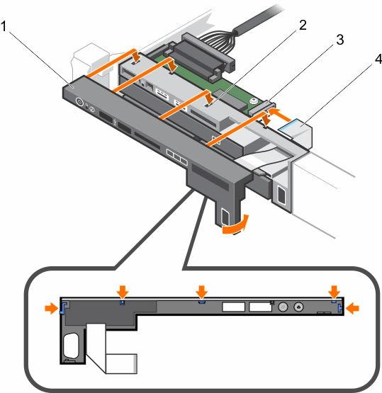 Figure 92. Installing the control panel for eight hard drive system 1. control panel 2. notch on chassis front wall (2) 3. display module ZIF connector 4.