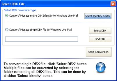 Select Multiple DBX File/Identity To select multiple DBX files to be converted, Choose Convert / Migrate entire DBX Identity to Windows Live Mail in Select DBX File dialog box as shown below: Select
