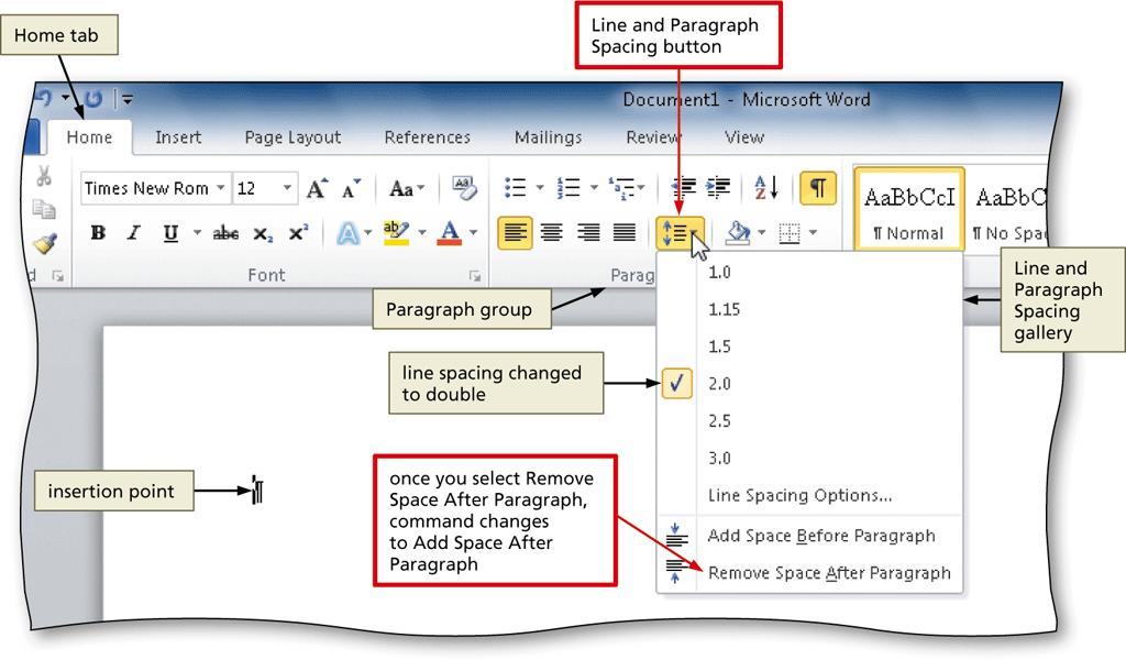 Removing Space after a Paragraph Click the Line and Paragraph Spacing button (Home tab Paragraph group) to display the Line and Paragraph Spacing gallery Click Remove