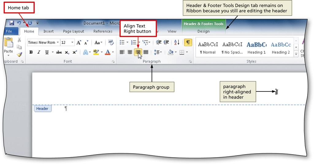 Right-Aligning a Paragraph Click Home on the Ribbon to display the Home tab Click the Align Text Right button (Home