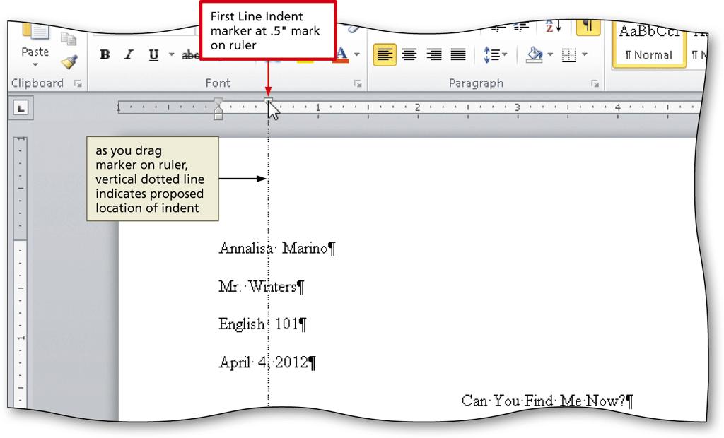 First-Line Indenting Paragraphs With the insertion point in the paragraph to be indented, drag the First Line Indent marker to the
