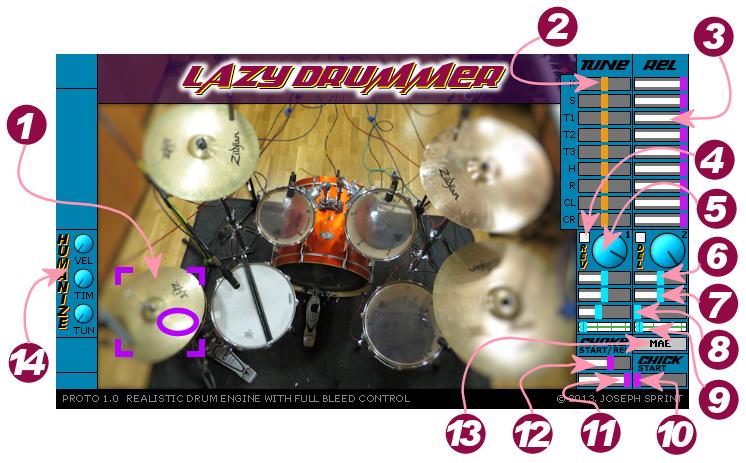 INSTRUMENT PAGE - CHAPTER 3 The Instrument Page is where you can control functions at the instrument level. Drum Hit Pads Use these to audition the sounds of the drum kit.