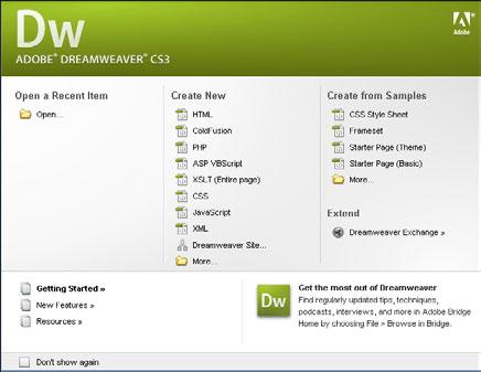 The DreamWeaver Screen Load DREAMWEAVER cs3 and you will receive the following