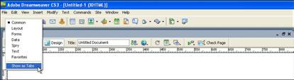 A The Insert Bar The INSERT BAR at the top of the screen has all the common DreamWeaver tools in a variety of tool bars.