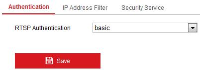 Security Settings Configure the parameters, including Authentication, Anonymous Visit, IP Address Filter, and Security Service from security interface.